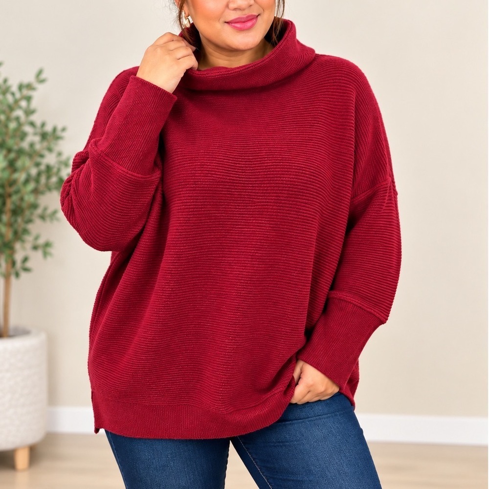Free People Ottoman Slouchy Tunic Mock Neck Ribbed Sweater Burgundy Red XS
